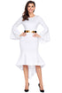 Sexy White Bell Sleeve Dip Hem Belted Dress